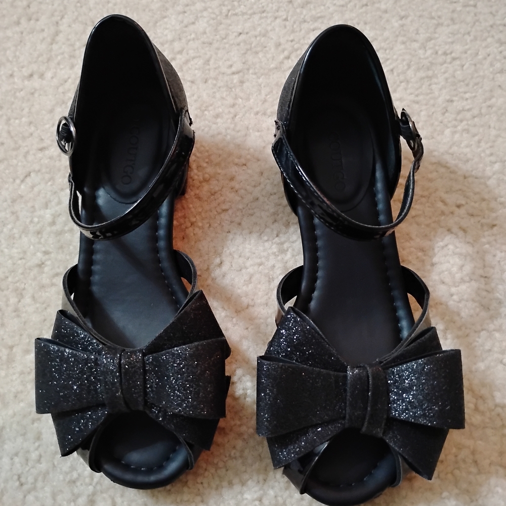 VGUC Girl's Black Glitter Bow Peep-Toe Heeled Sandals - Sz 3